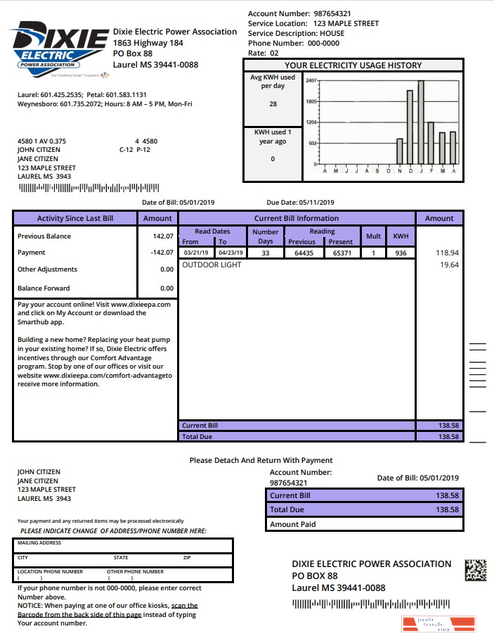 USA Mississipi Dixie Electric utility bill template in Word and PDF format